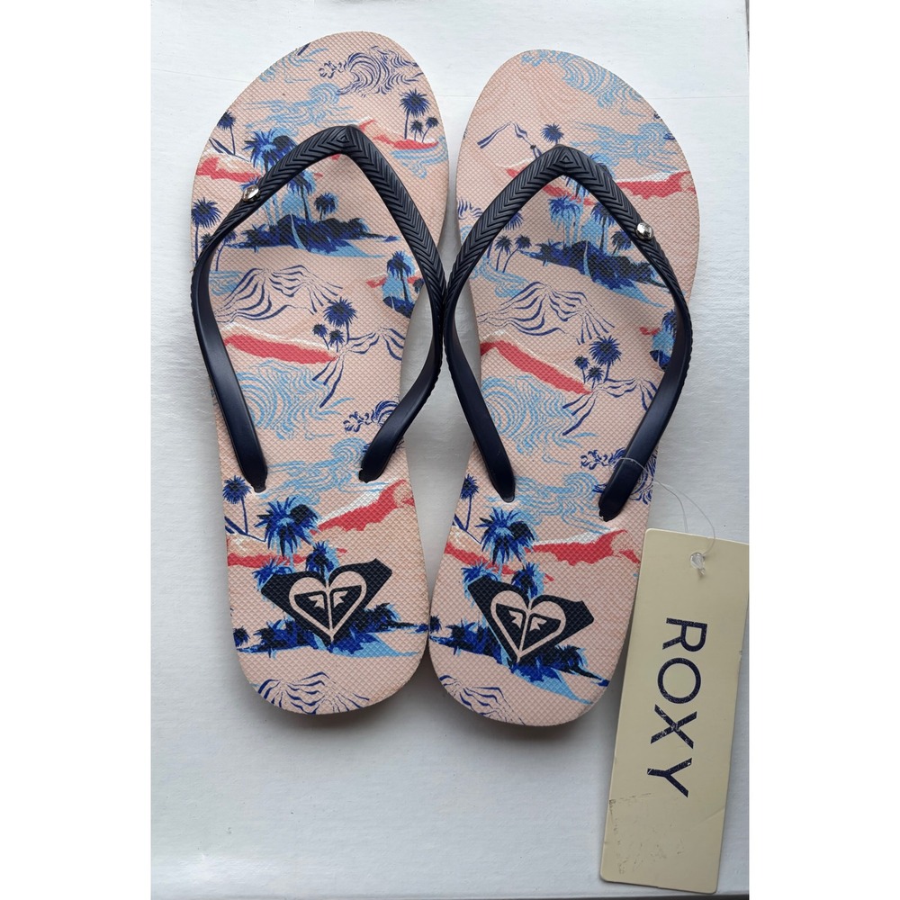 Roxy Bermuda II Tropical Palm Tree Flip Flop Sandals Peach Blue Womens 9 NEW
